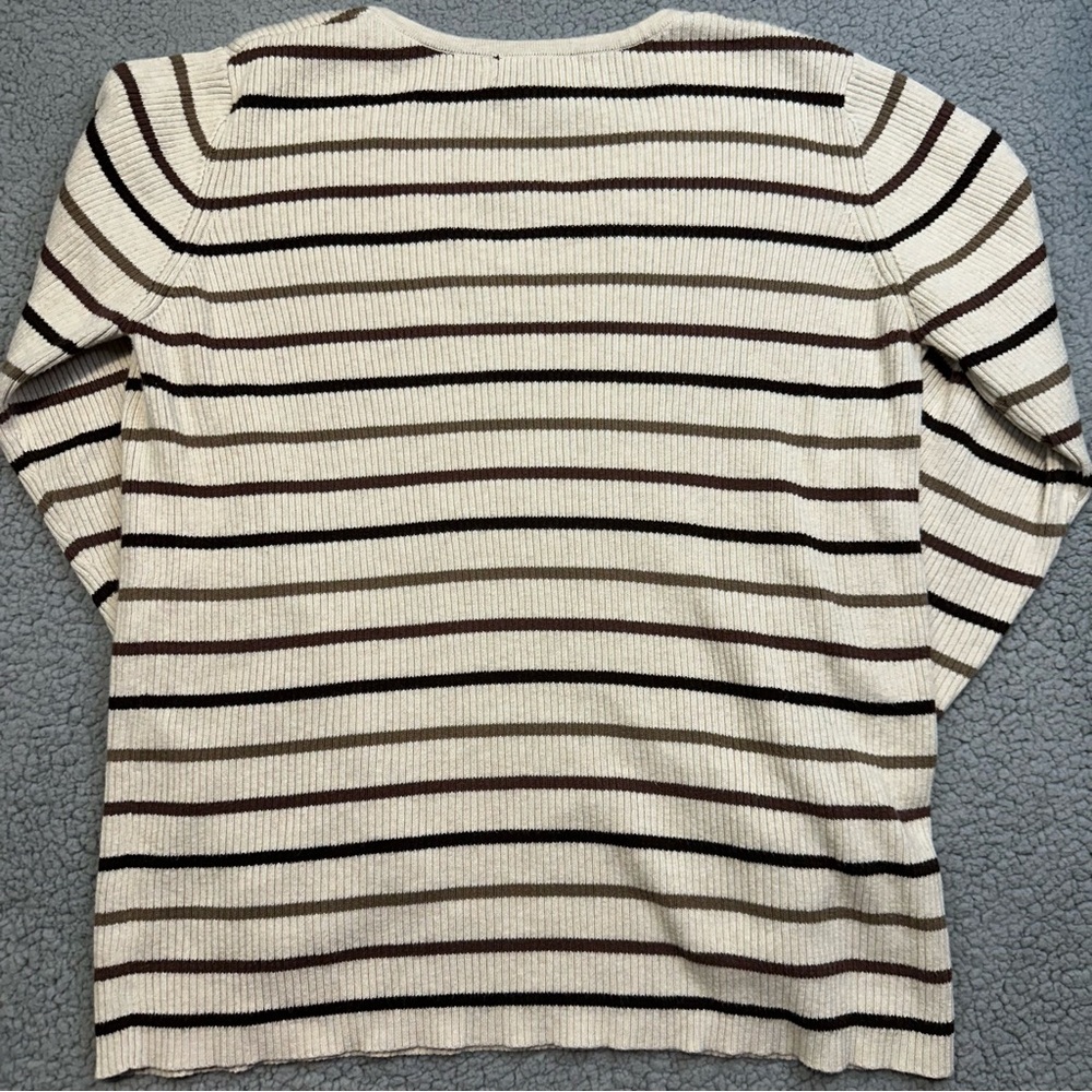 Karen Scott Women’s Striped V Neck Sweater Small Cream Brown Knit Pullover - Picture 3 of 5